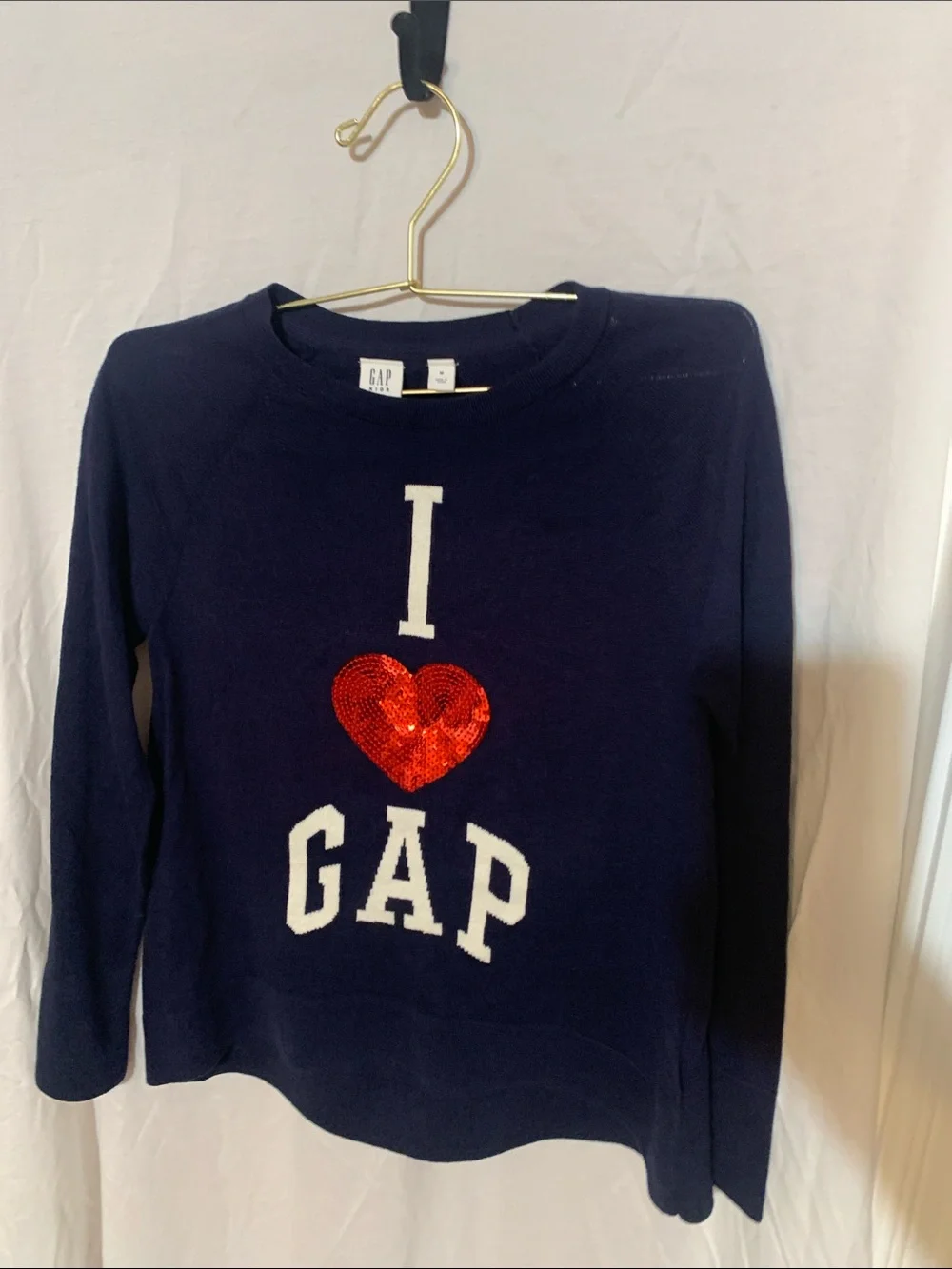GAP Kids Navy Sweater with Red Sequin Heart and White Logo “I ♥️ GAP” EUC size M